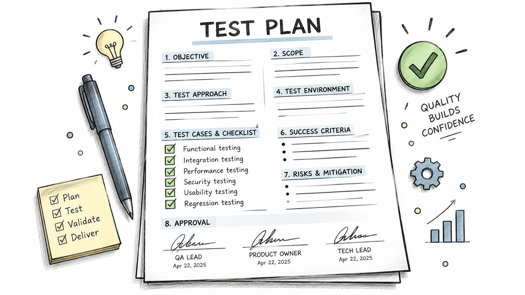 A hand-drawn illustration of a comprehensive software test plan document with checkboxes and approval signatures.