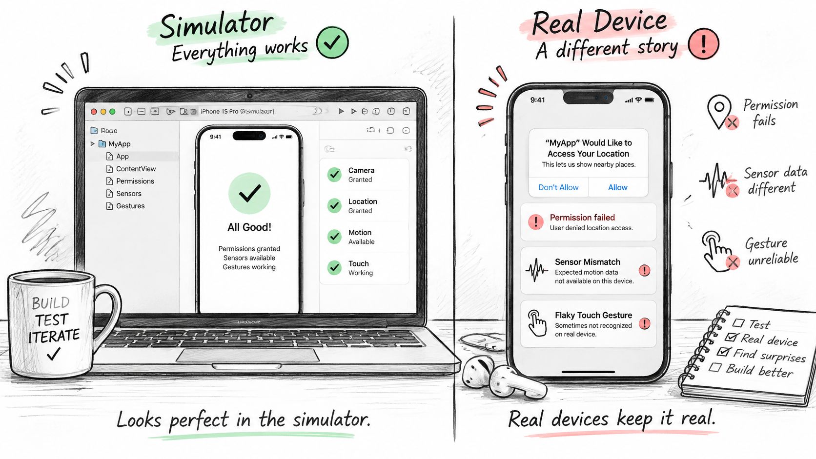 A hand-drawn illustration contrasting app testing success on an iOS simulator versus failures on a real device.