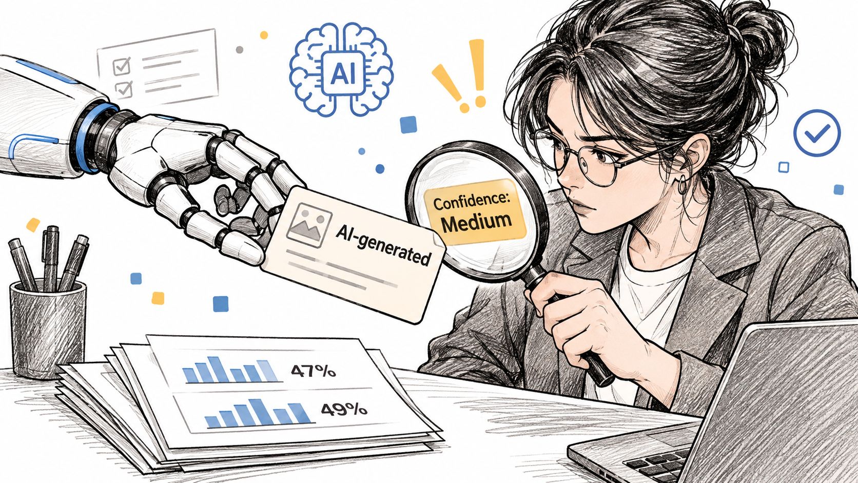 A woman examines an AI-generated image result with a magnifying glass while reviewing a performance report.