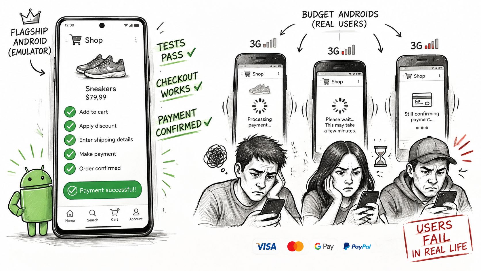 A diagram comparing successful automated app testing on emulators versus real user payment failures on budget devices.