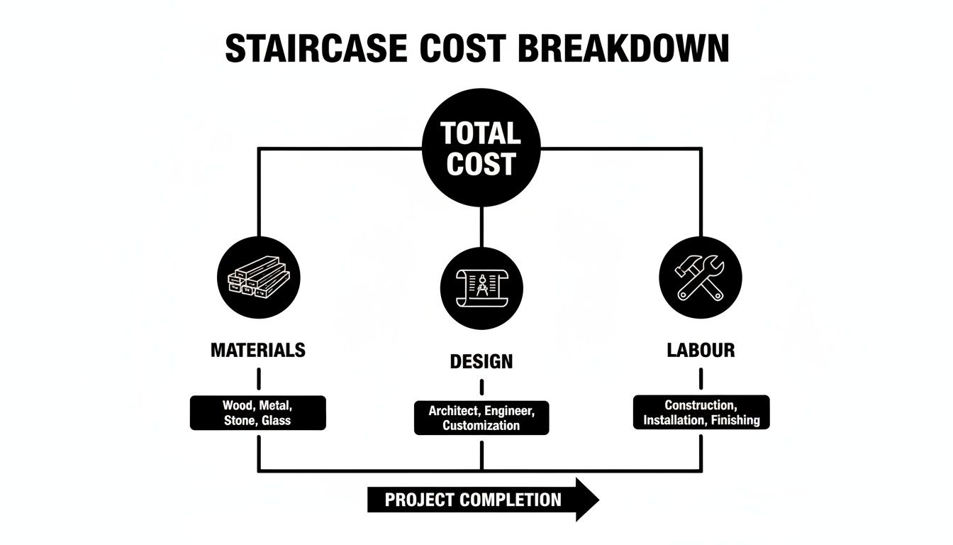 A flowchart illustrating the breakdown of total staircase cost into materials, design, and labour categories.