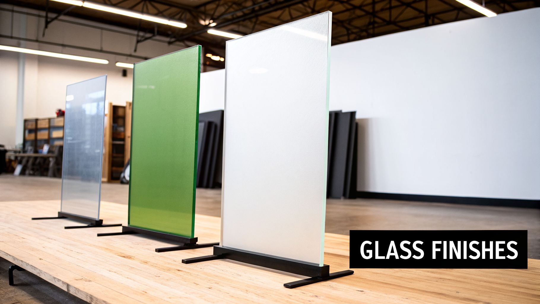 A display of three vertical glass panels showcasing different finishes: clear, green, and frosted.