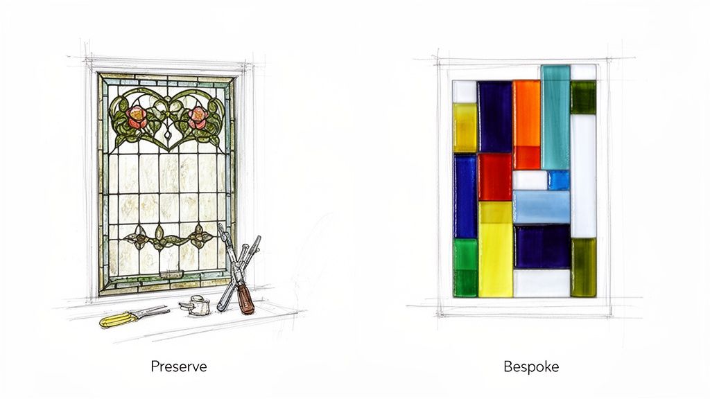 Two illustrations of stained glass windows: traditional floral for preservation and modern geometric for bespoke designs.