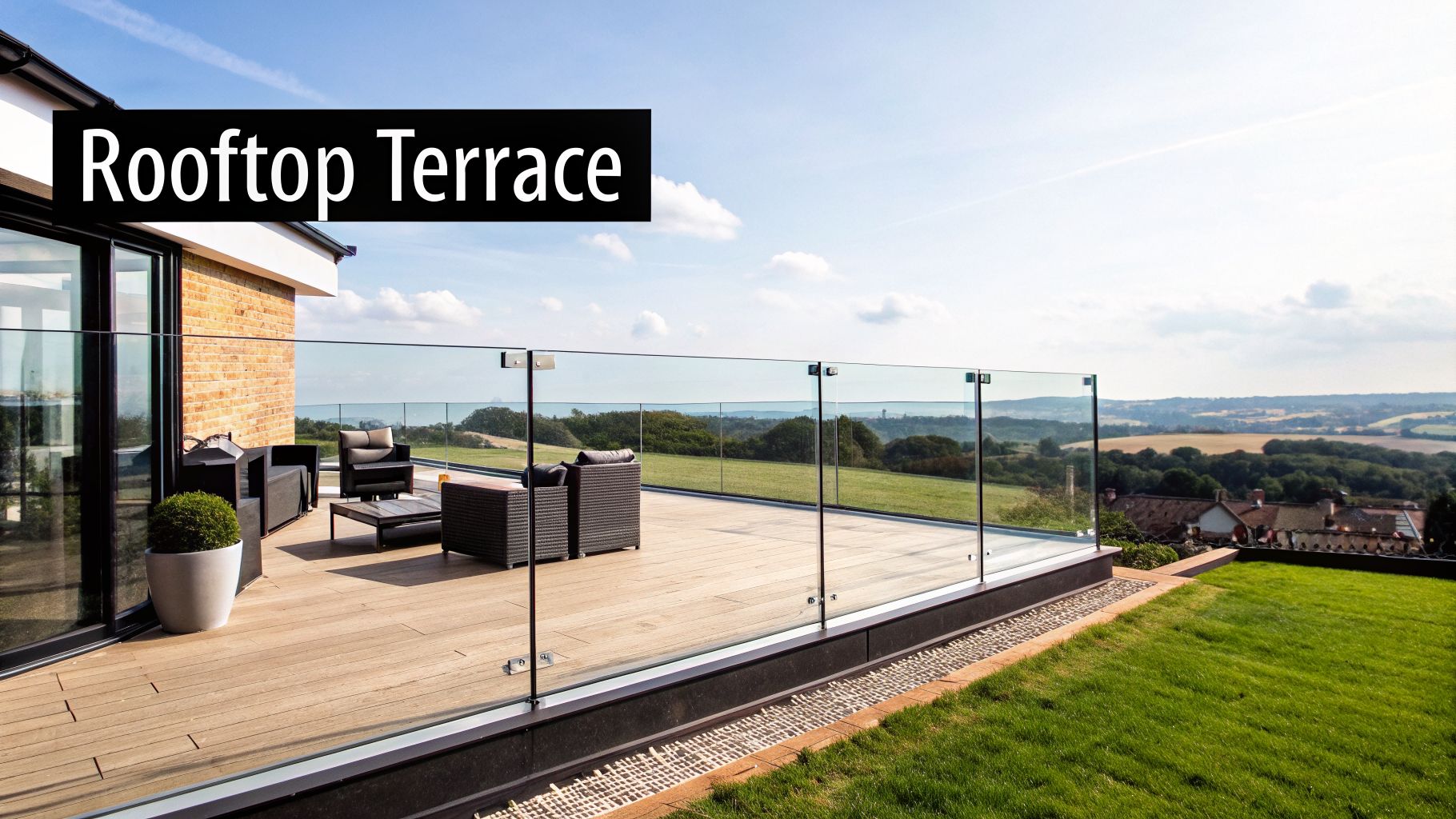 A modern rooftop terrace with wooden decking, outdoor seating, and a glass balustrade overlooking a scenic landscape.