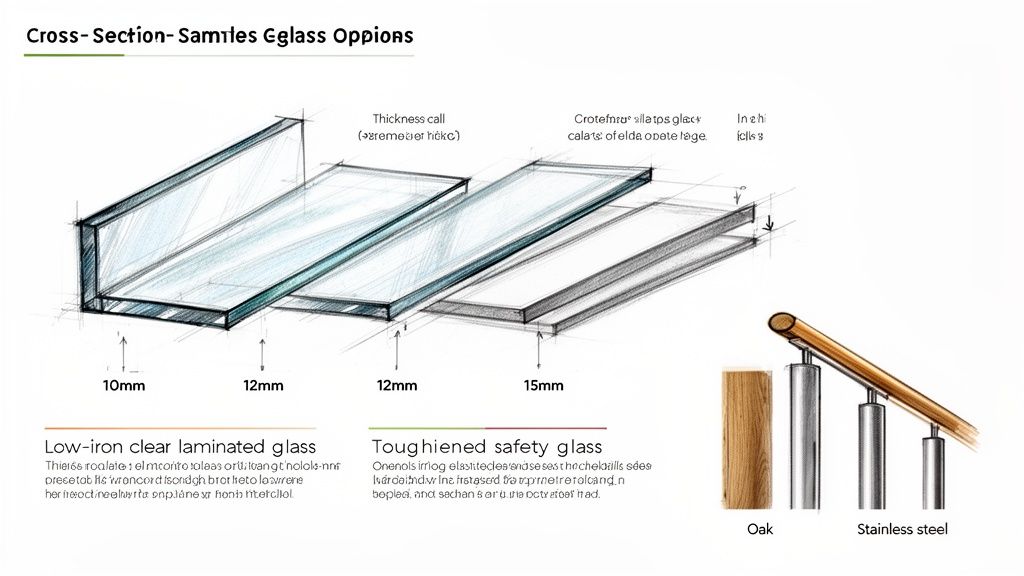 Cross-section samples of glass options, showing low-iron laminated and toughened safety glass thicknesses, alongside oak and stainless steel components.