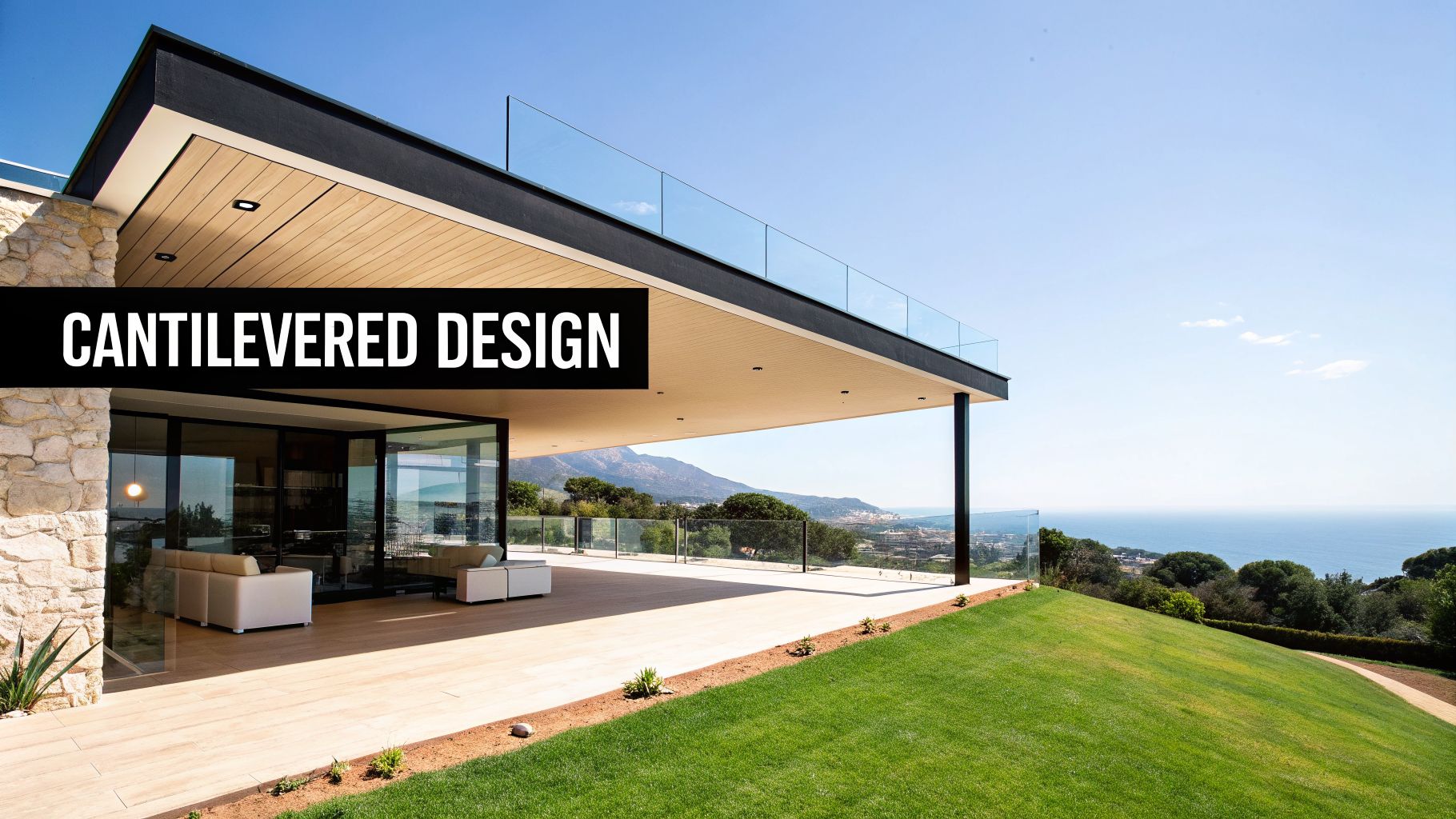 A luxurious modern house with a striking cantilevered roof design and an expansive patio overlooking the sea.