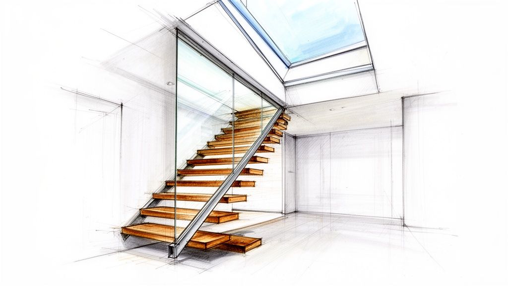 A minimalist architectural sketch of a modern wooden staircase with glass railing and a skylight.