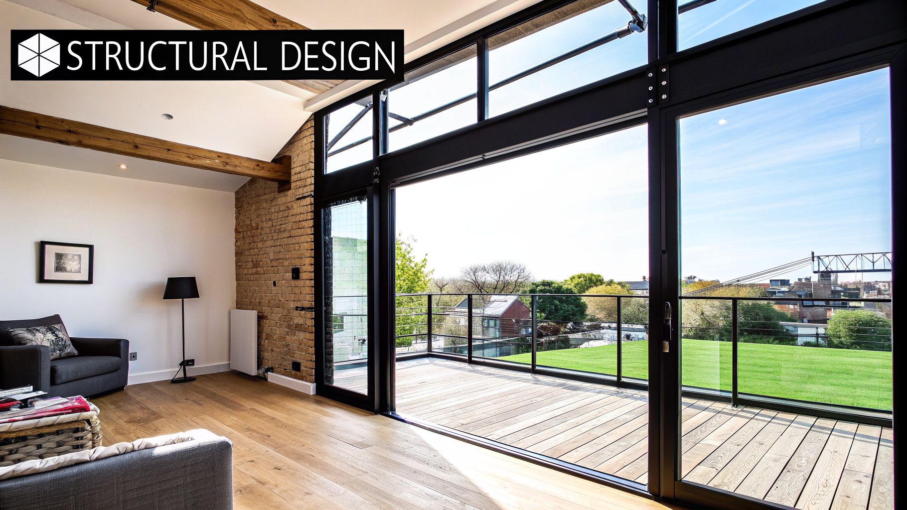 Spacious loft conversion living room with a large glass door opening to a wooden balcony overlooking a green view.
