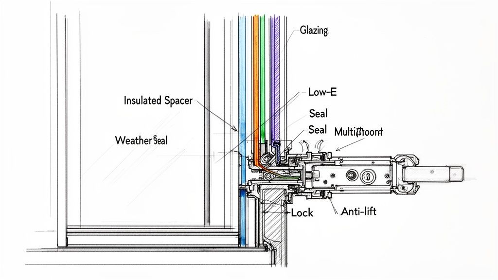 Detailed cross-section of a sliding patio door, showing glazing, seals, insulated spacer, lock, and anti-lift mechanism.