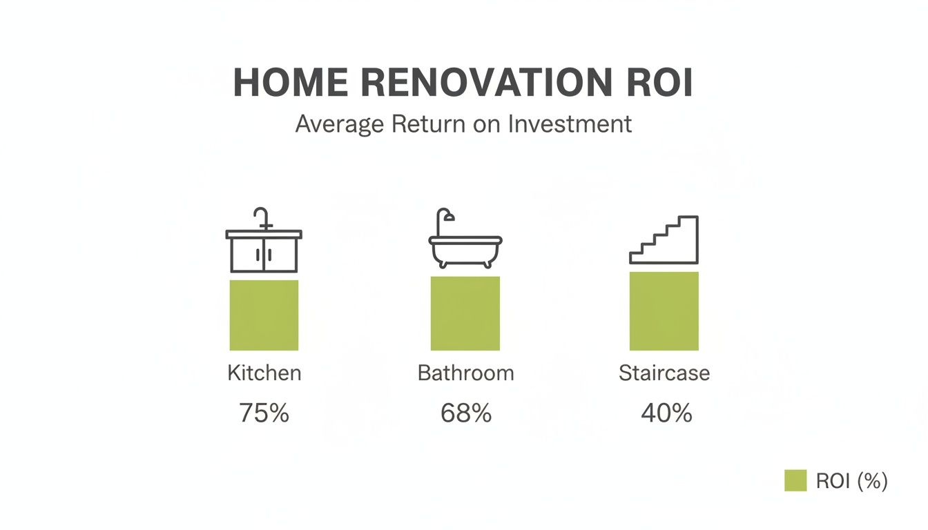Bar chart displaying average home renovation ROI: Kitchen 75%, Bathroom 68%, Staircase 40%.