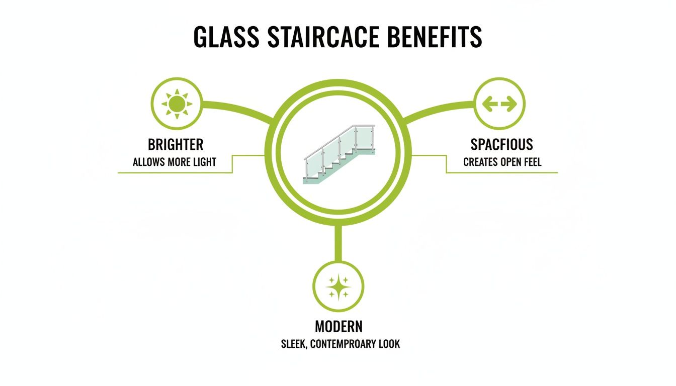 Infographic illustrating the benefits of glass staircases, highlighting a brighter, spacious, and modern look.