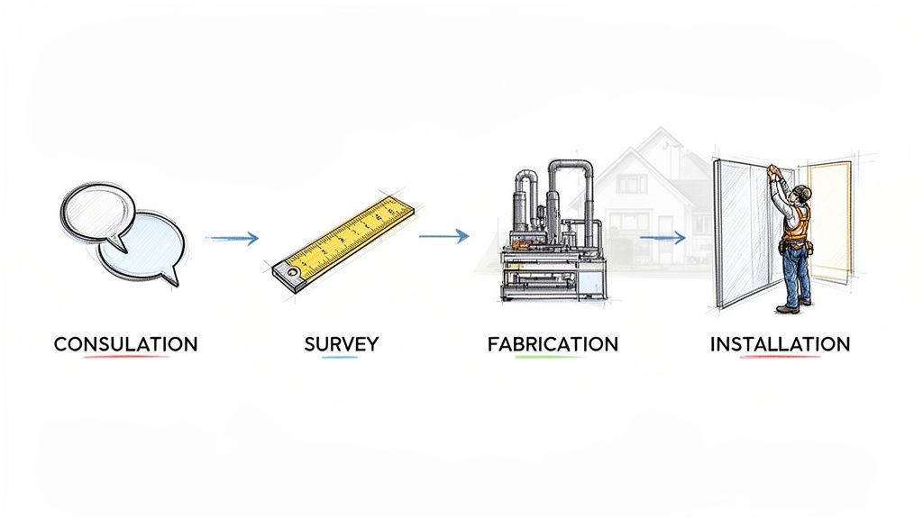 A four-step process for custom products: consultation, survey, fabrication, and installation.
