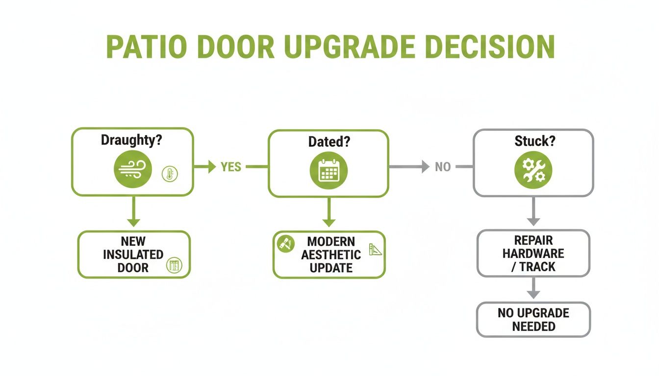 A flowchart guiding patio door upgrade decisions based on draughts, dated aesthetics, or mechanical issues.