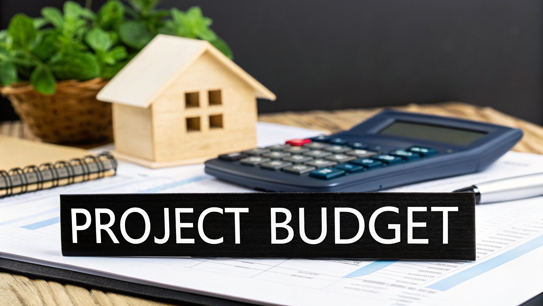 A 'PROJECT BUDGET' sign stands on a desk with a miniature house, calculator, and documents.