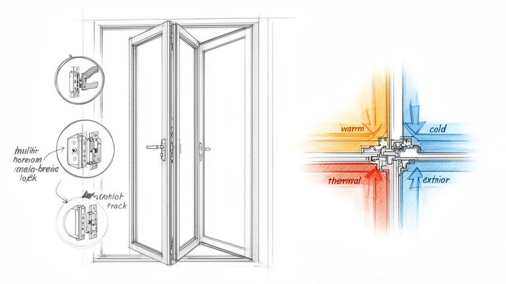 Technical drawing of a folding glass door system, showing lock details, track, and thermal insulation diagram.