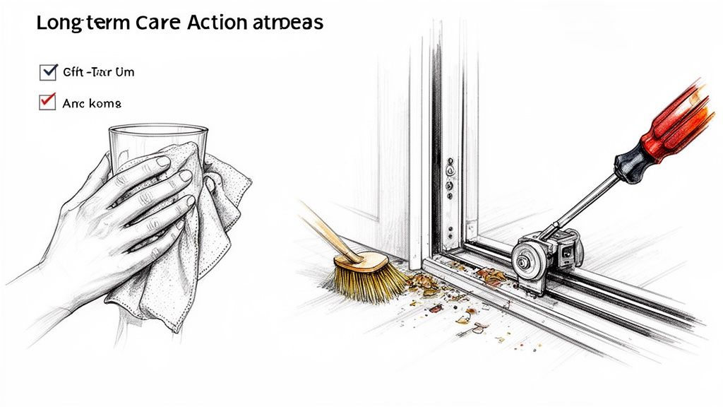 Illustrations showing a hand wiping a glass and tools cleaning and maintaining a sliding door track.