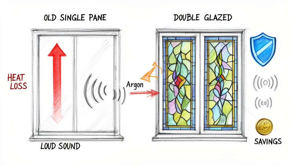 Diagram comparing single-pane windows with heat and sound loss to double-glazed stained-glass windows with argon for insulation and savings.