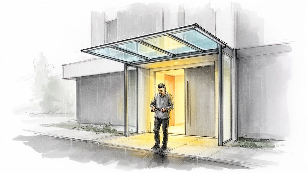 A man stands under a modern glass canopy entrance of a building during a rainy day.