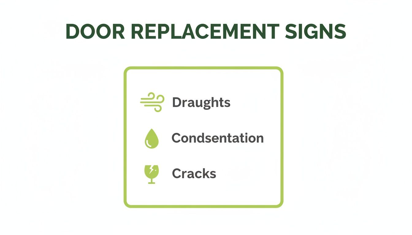 An infographic listing signs that indicate door replacement is needed: draughts, condensation, and cracks.