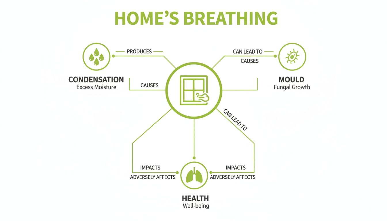 Diagram illustrating home's breathing and how poor ventilation causes condensation, mould, and impacts health.