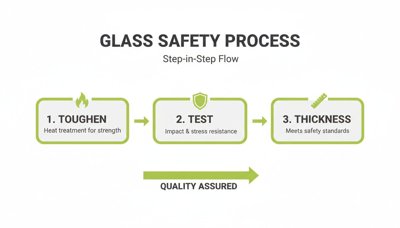 A step-by-step diagram showing the glass safety process: toughening, testing, and thickness measurement.