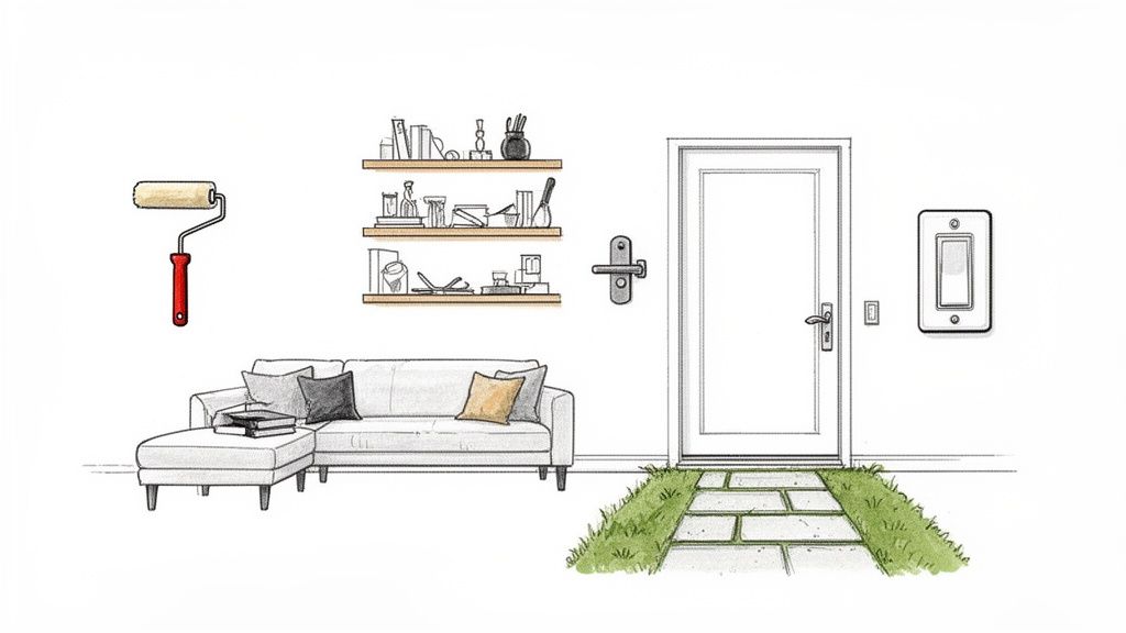A drawing of a home interior featuring a sofa, shelves, door, paint roller, and an outdoor path.