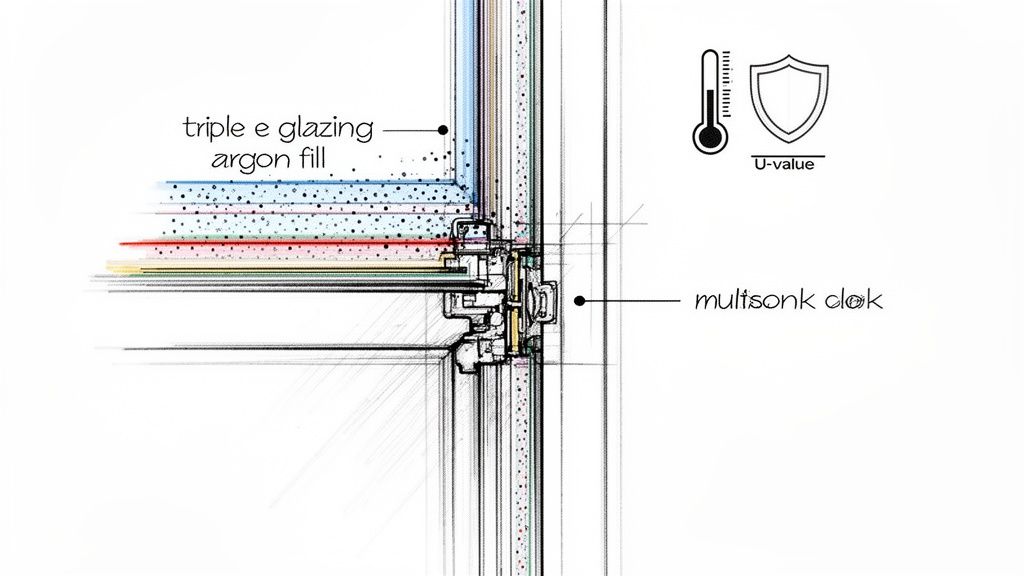 Detailed technical diagram of a window cross-section illustrating triple glazing, argon fill, and U-value properties.
