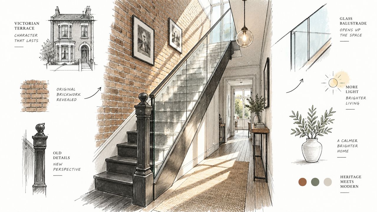 A pencil sketch of a Victorian terrace interior showing a modern glass balustrade and exposed brickwork.