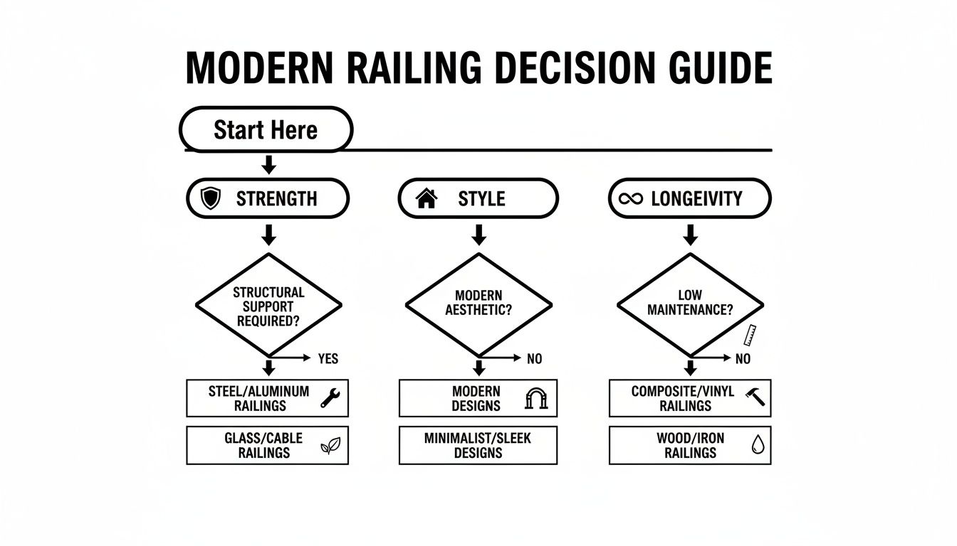 Modern railing decision guide flowchart helps choose railings based on strength, style, and longevity factors.