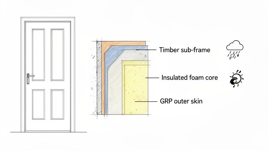 A detailed diagram showing the layered construction of a composite front door, including insulation and GRP skin, with weather icons.