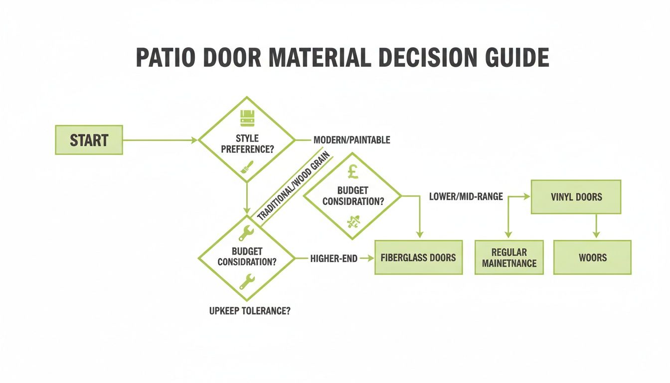 A flowchart visually guiding patio door material selection based on style, budget, and maintenance.