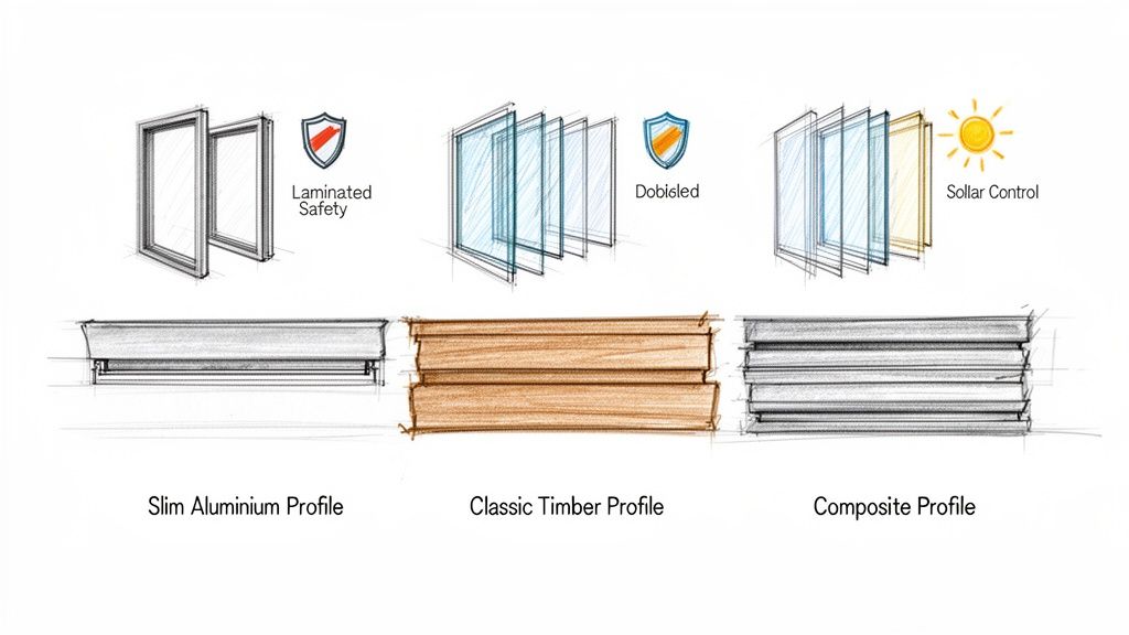 Technical illustration showing different glass types (laminated, double-glazed, solar control) and window/door profiles (aluminum, timber, composite).