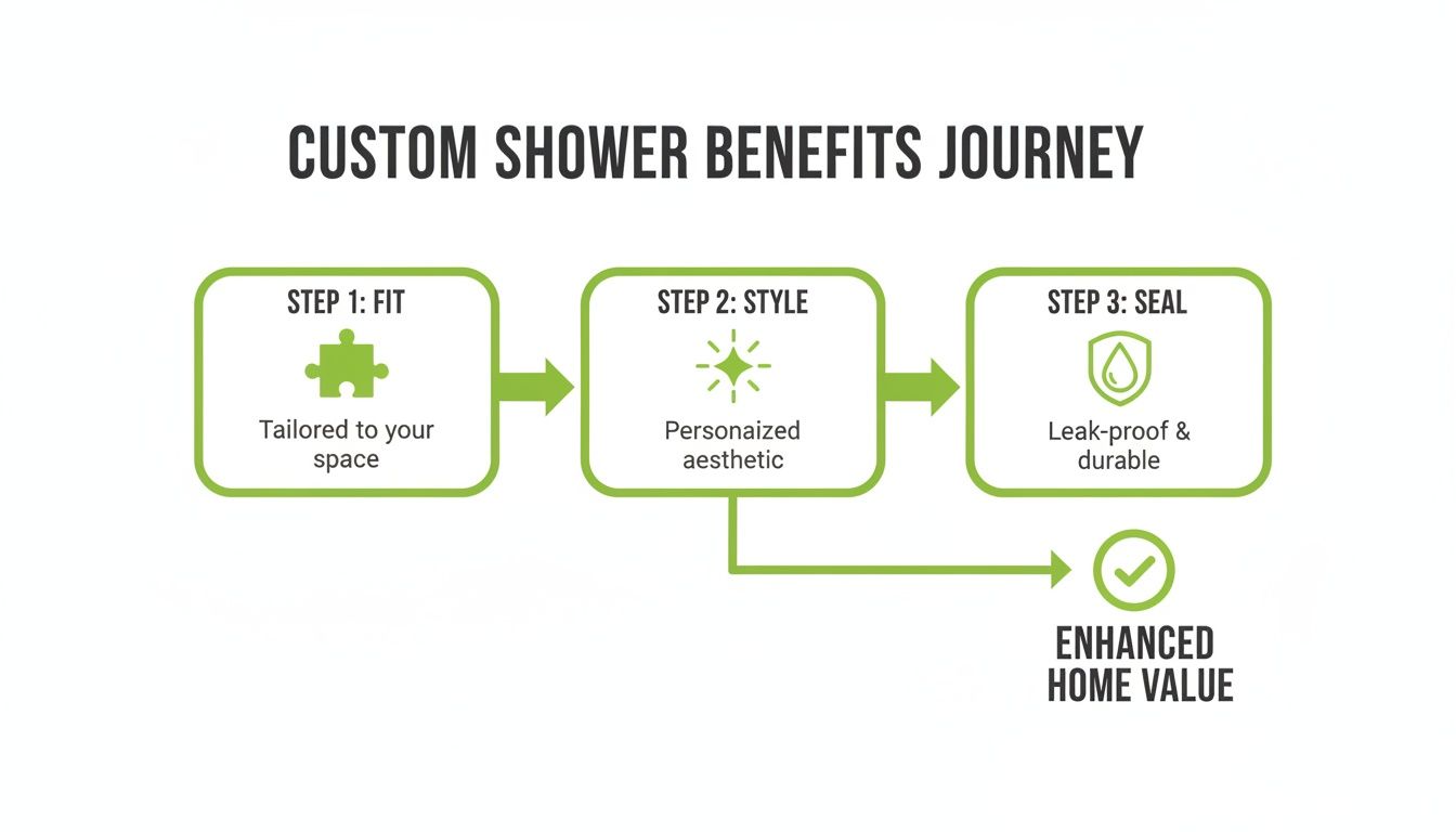 Flowchart illustrating the custom shower benefits journey: fit, style, and seal, leading to enhanced home value.