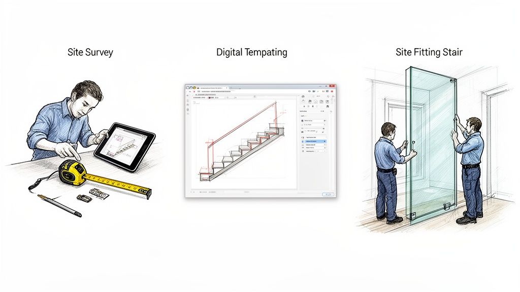 Illustration shows a three-step process: site survey, digital staircase design, and glass installation.