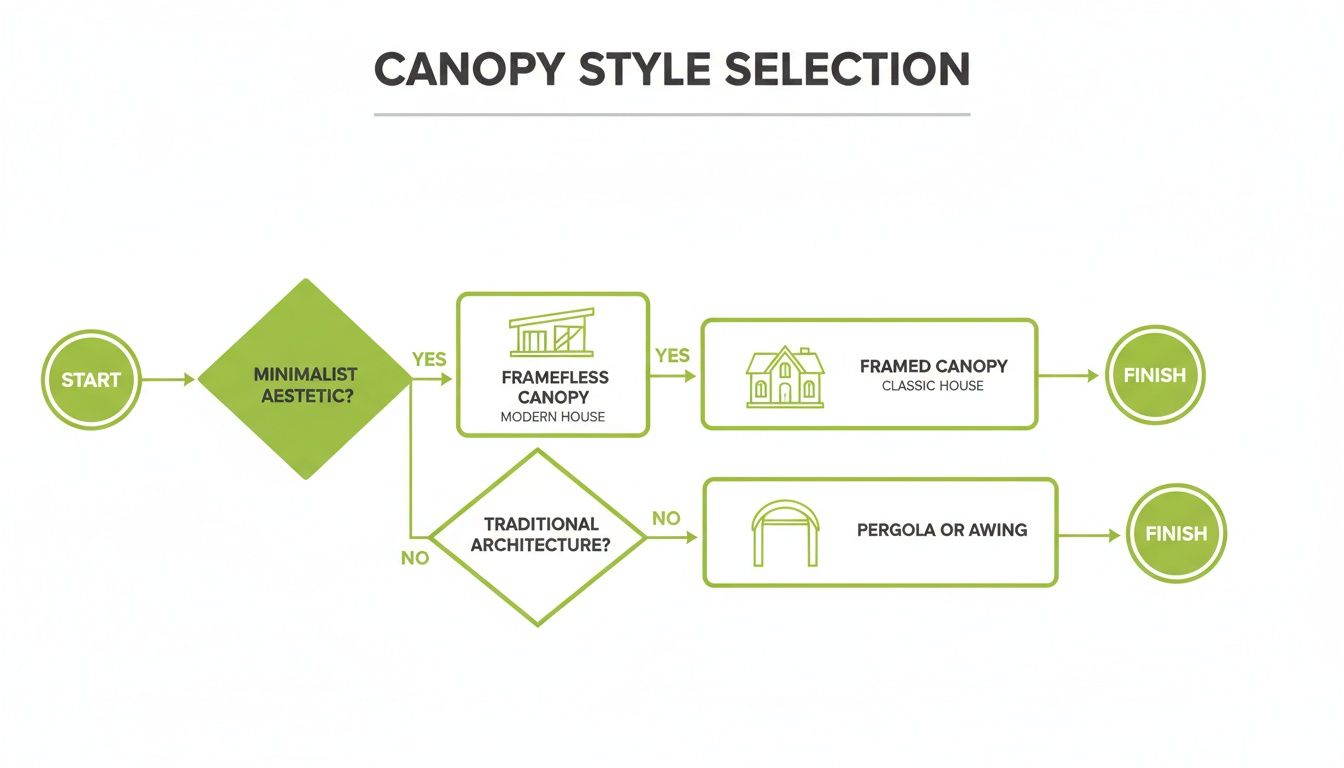 Flowchart guiding canopy style selection based on house aesthetic and architecture.