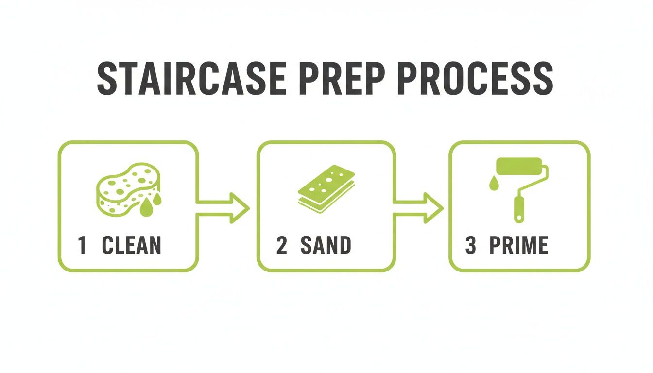 An infographic illustrating the staircase preparation process with three steps: clean, sand, and prime.