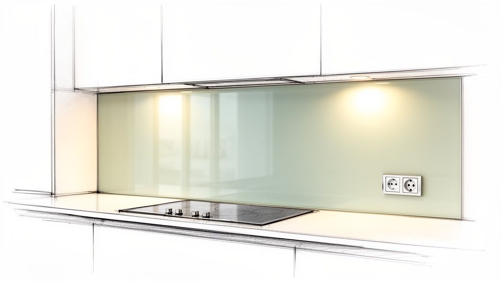 Modern kitchen design with light green glass splashback, induction hob, and under-cabinet lighting.