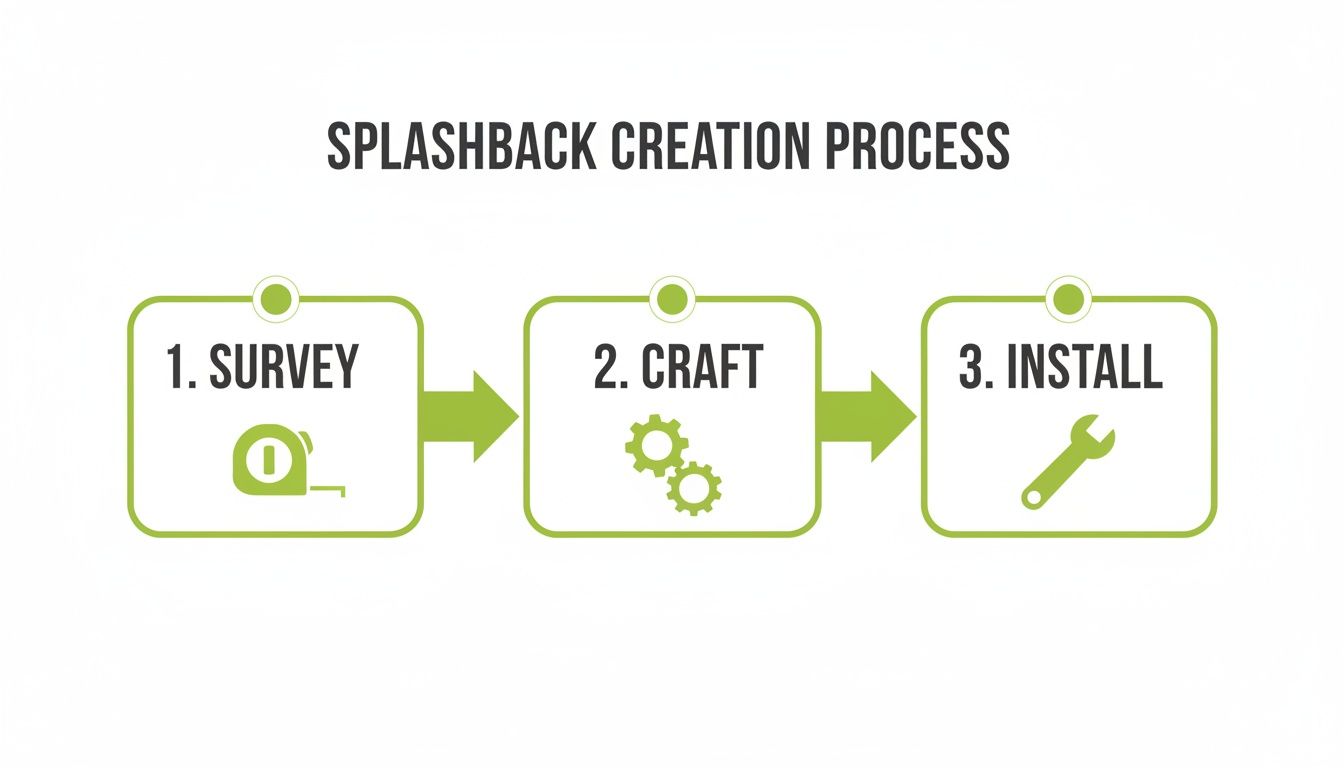 A diagram outlining the three-step splashback creation process: survey, craft, and install, with icons.
