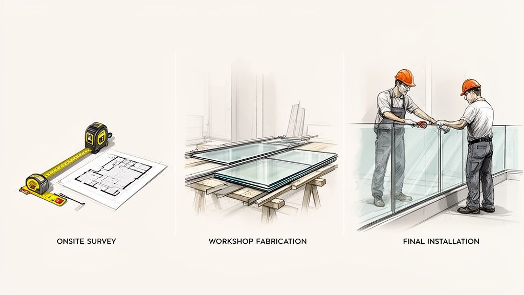 Process of installing glass balustrades: measuring, fabricating glass panels, and final installation by construction workers.