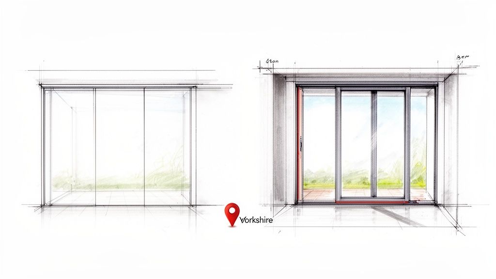 Two architectural sketches illustrating the design and installation of modern glass sliding doors.