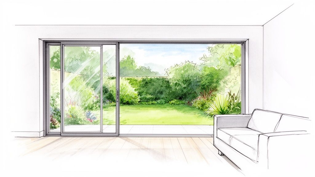 Sketch of a modern living room featuring a large sliding patio door and a lush garden view.
