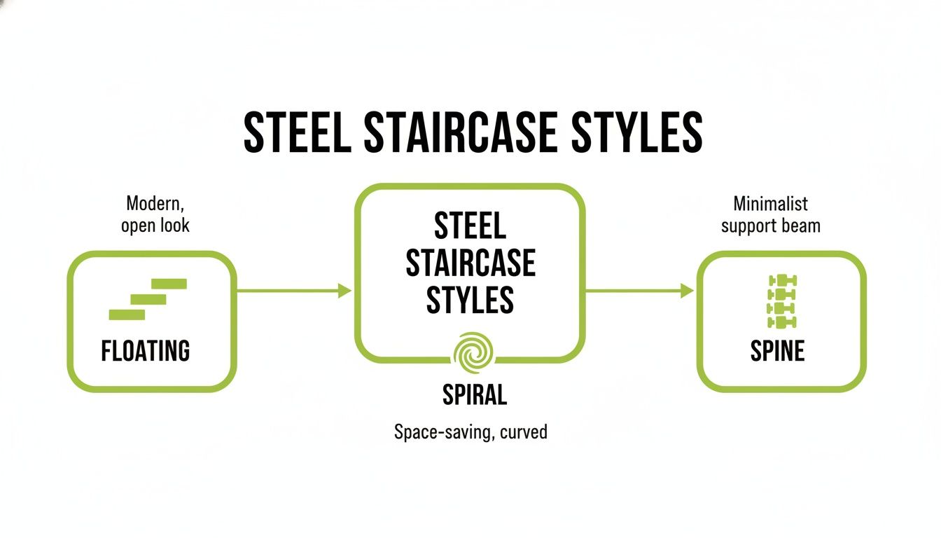 Diagram illustrating three distinct steel staircase styles: Floating, Spiral, and Spine, with their characteristics.