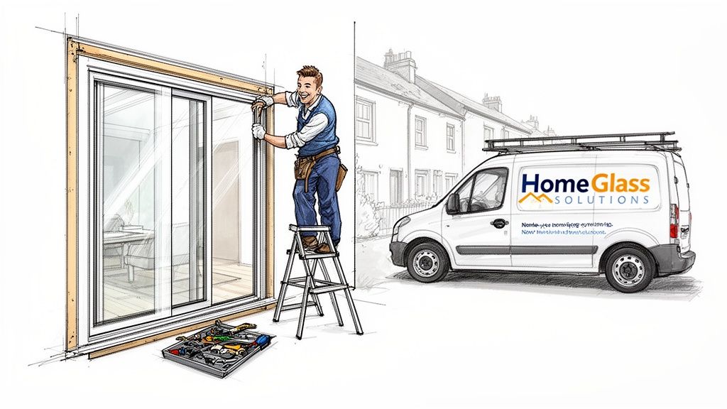 A smiling worker installs a new sliding glass patio door, with a HomeGlass Solutions van nearby.