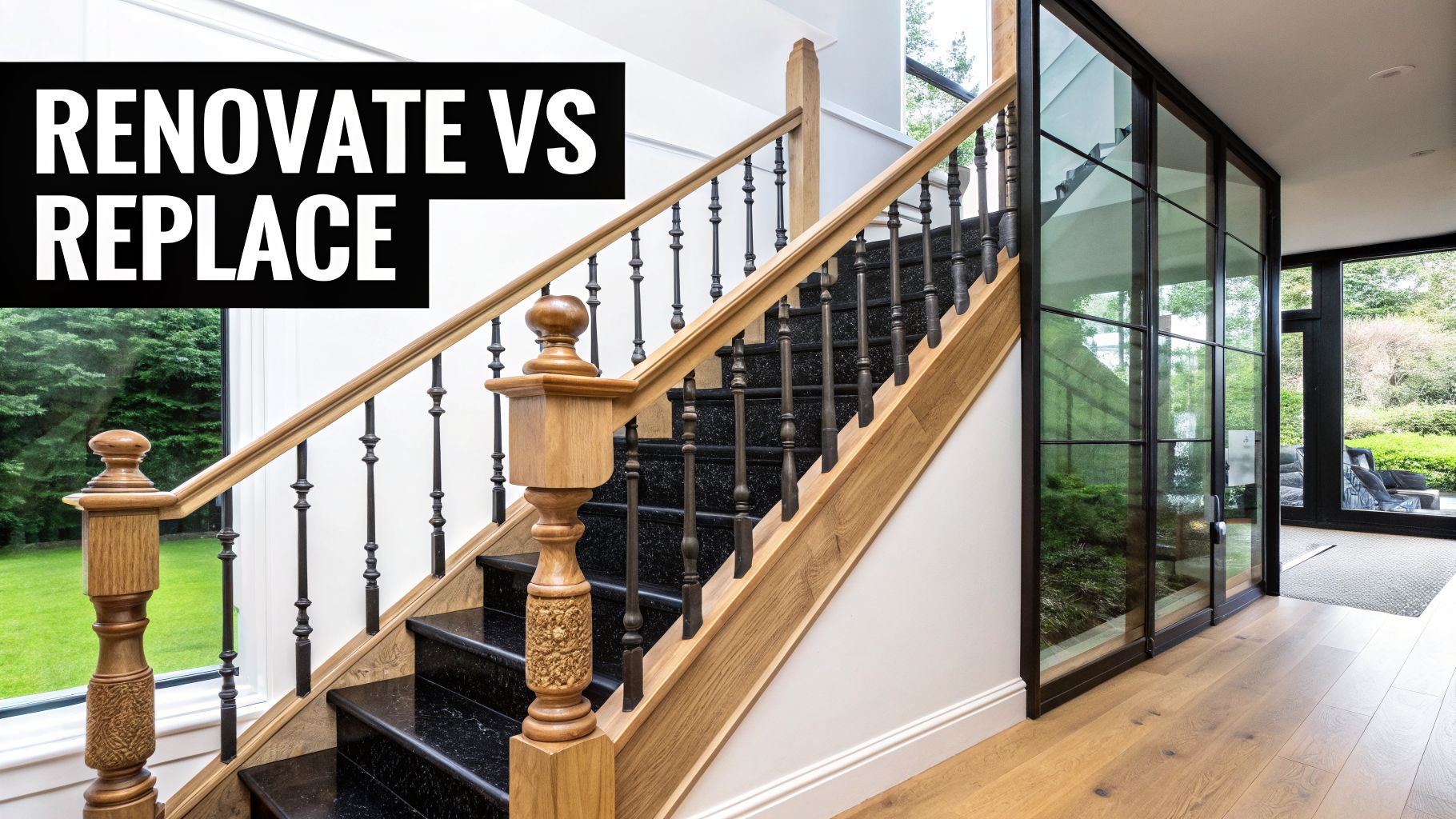 Modern black and wood staircase with 'RENOVATE VS REPLACE' text, large windows, and outdoor view.