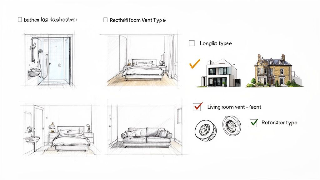Sketches showing home interiors like bathroom, bedroom, living room, different house types, and vents with checkboxes.