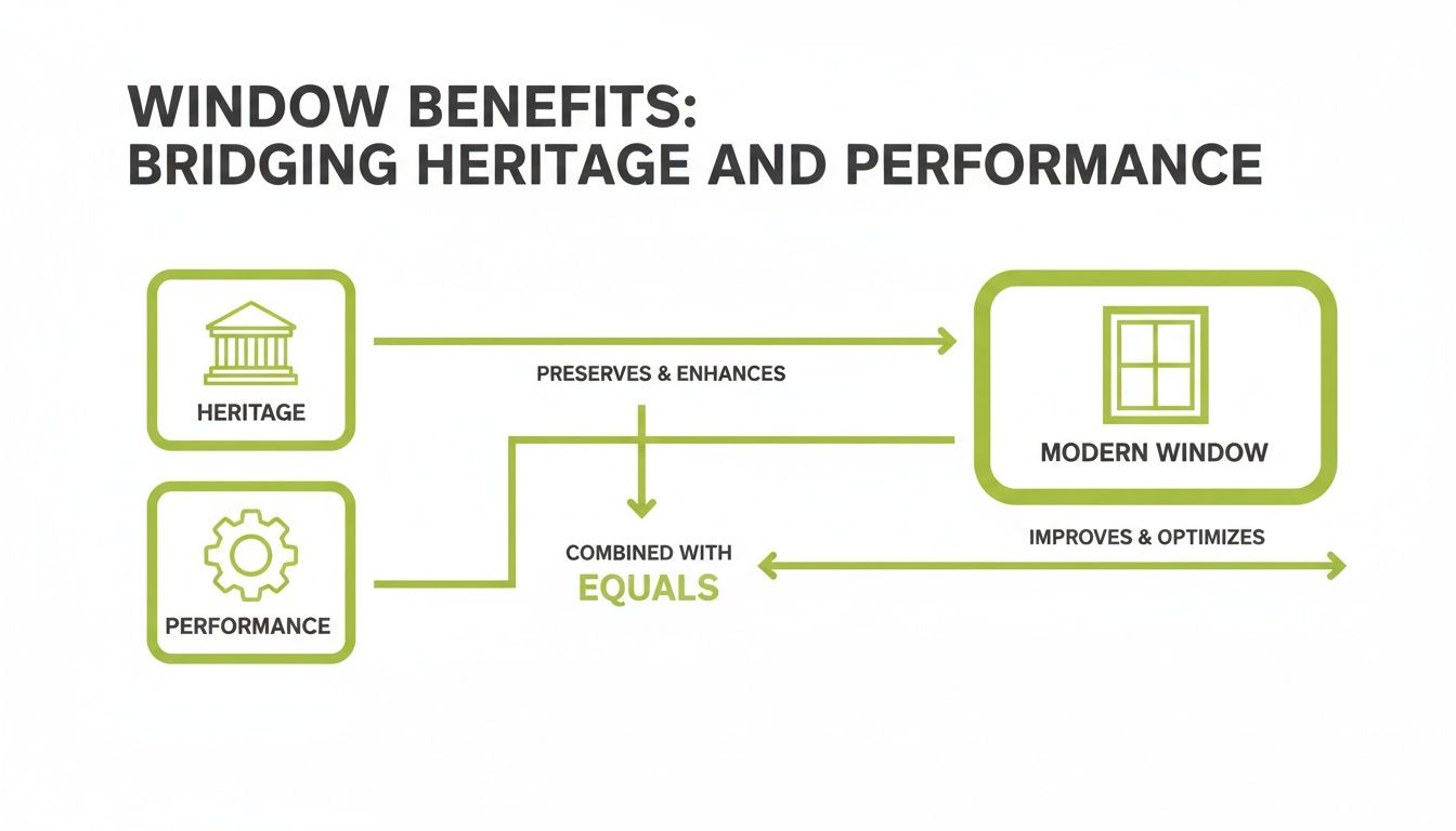 Diagram illustrating window benefits: bridging heritage and performance in modern window design.