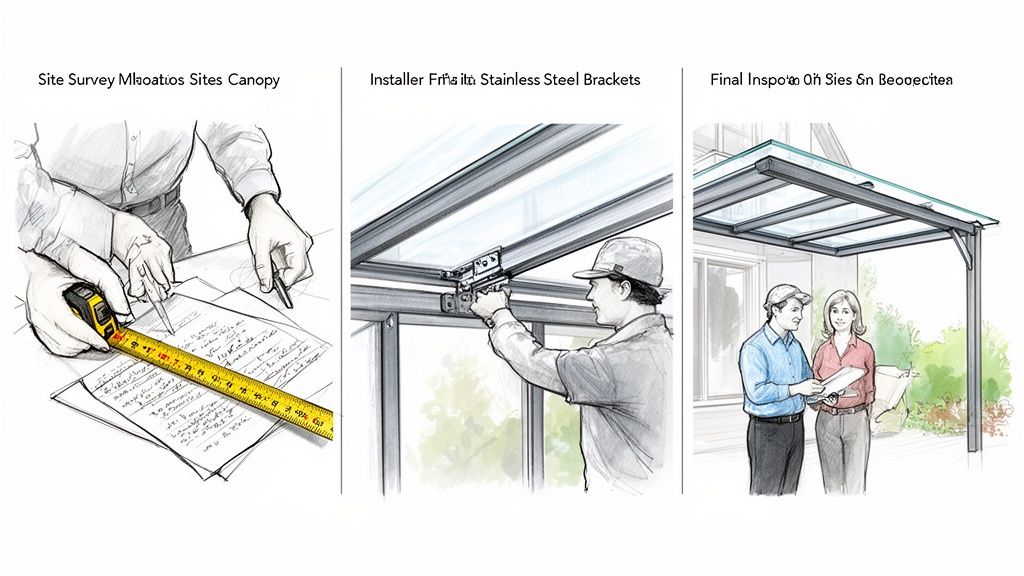 Illustrated steps show the installation process of a modern glass canopy, from site survey to final inspection.