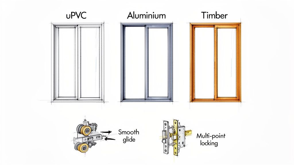 Illustrations of uPVC, Aluminium, Timber sliding doors with smooth glide and multi-point locking mechanisms.