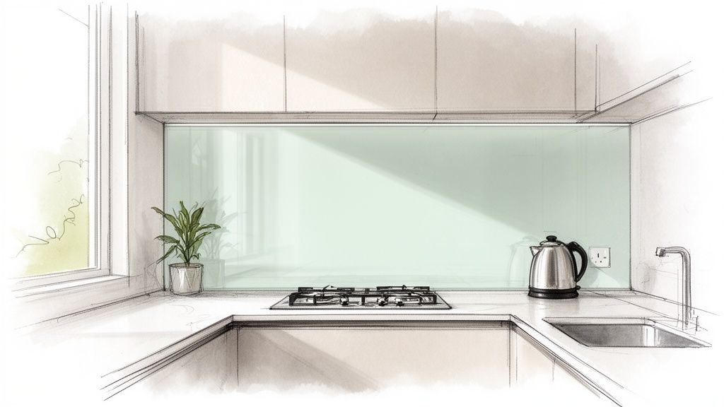 A minimalist kitchen sketch featuring a light green glass splashback, gas hob, kettle, and sink.