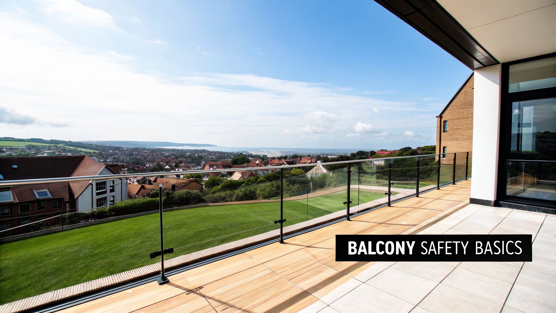 A modern balcony with glass railings, wooden flooring, overlooking a scenic town and ocean under a blue sky.